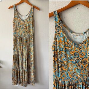 Peruvian Connection Amalfi Cotton Floral Maxi Dress Mandarin Orange Blue Small